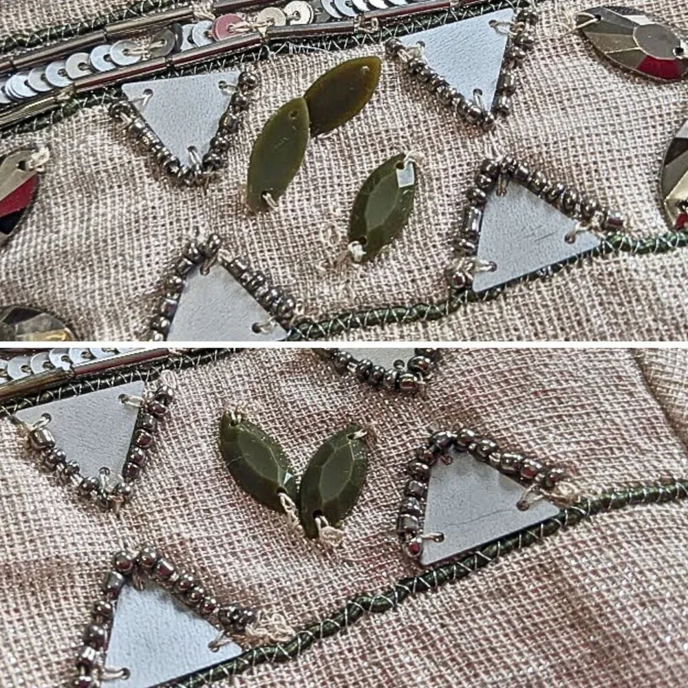 Vintage Y2K CHICOS Embellished Metallic Beige Aztec Beaded Cocktail Jacket Sz 1 - Picture 8 of 10